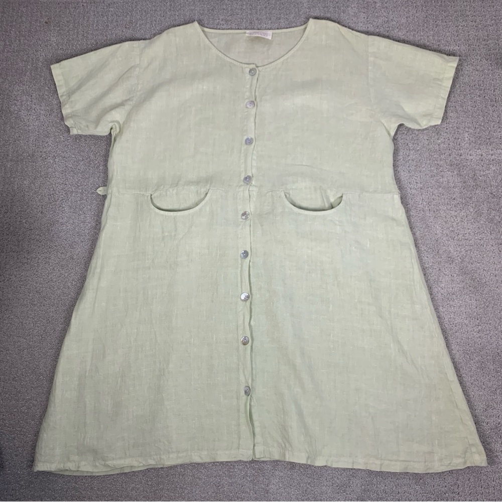 100% Linen Potpourri Designs Lagenlook Front Button Green Dress, Plus Size 2 M/L